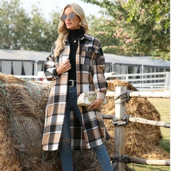 Brand New Camel Brown Flannel Shacket Coat Plaid Button Down Shirt Jacket - Picture 12 of 16